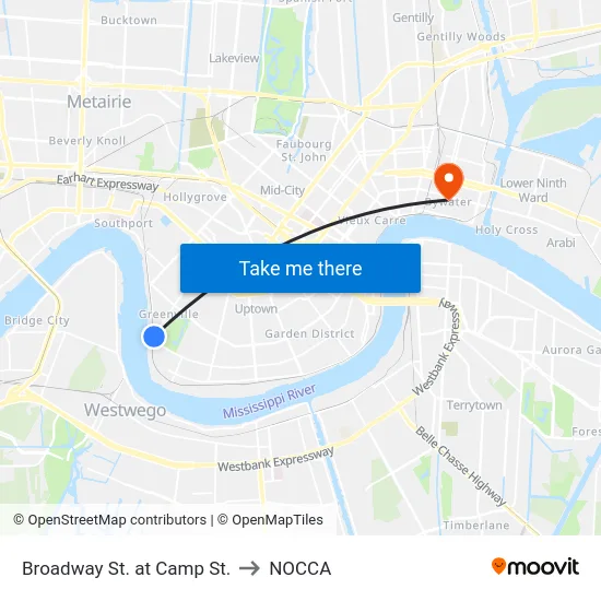 Broadway St. at Camp St. to NOCCA map