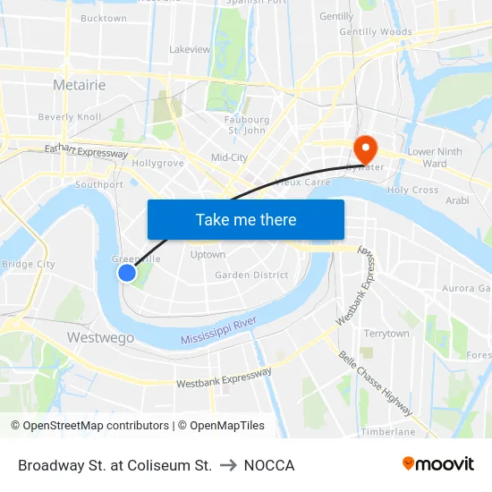 Broadway St. at Coliseum St. to NOCCA map