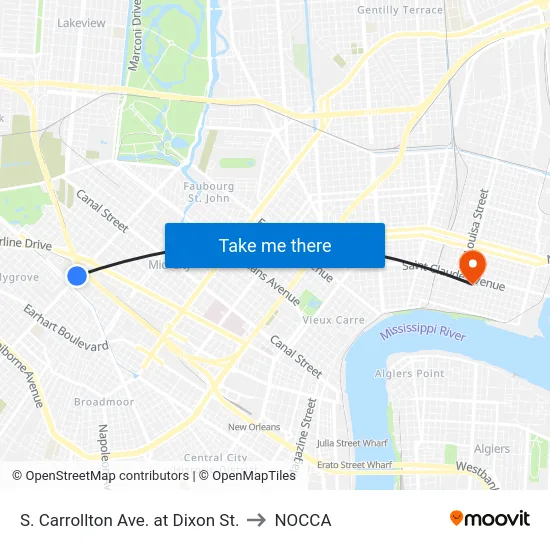 S. Carrollton Ave. at Dixon St. to NOCCA map