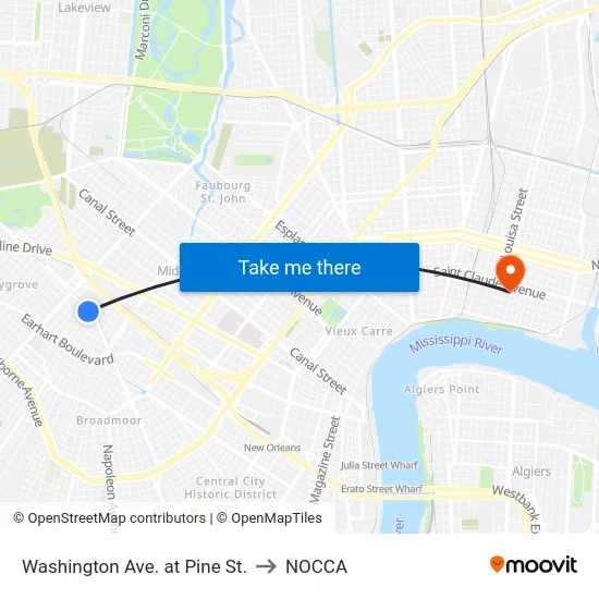 Washington Ave. at Pine St. to NOCCA map