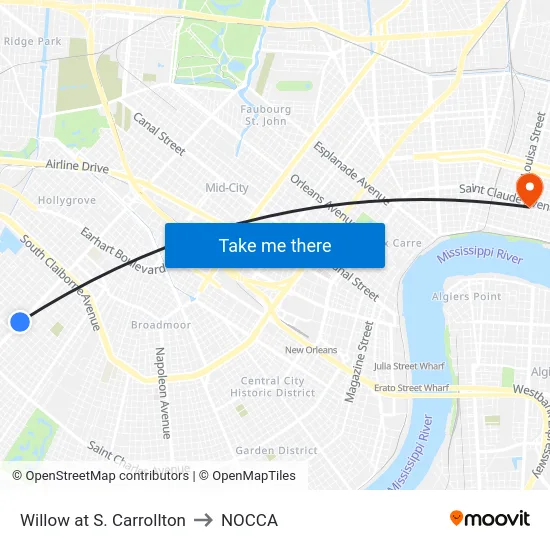 Willow at S. Carrollton to NOCCA map