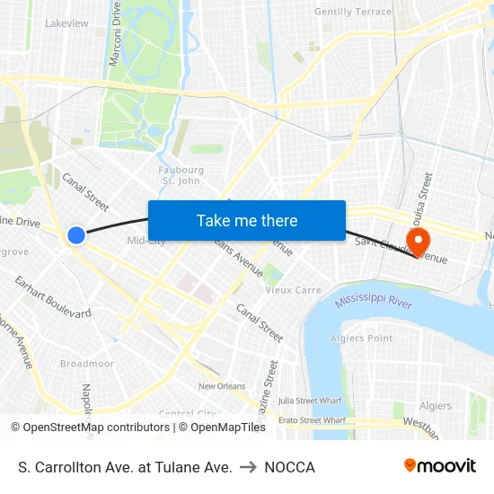 S. Carrollton Ave. at Tulane Ave. to NOCCA map