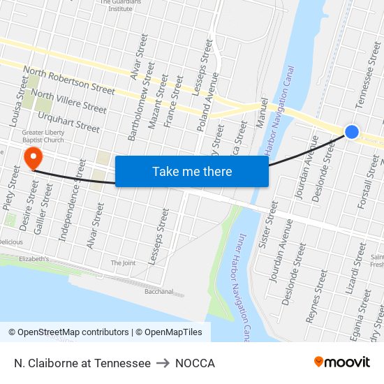 N. Claiborne at Tennessee to NOCCA map