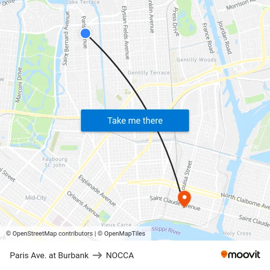 Paris Ave. at Burbank to NOCCA map