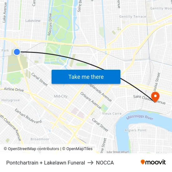 Pontchartrain + Lakelawn Funeral to NOCCA map