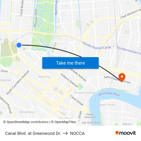 Canal Blvd. at Greenwood Dr. to NOCCA map