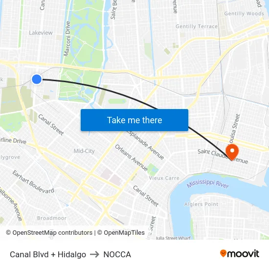 Canal Blvd + Hidalgo to NOCCA map