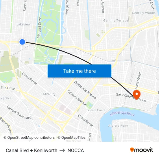 Canal Blvd + Kenilworth to NOCCA map