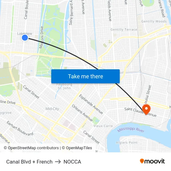 Canal Blvd. at French St. to NOCCA map