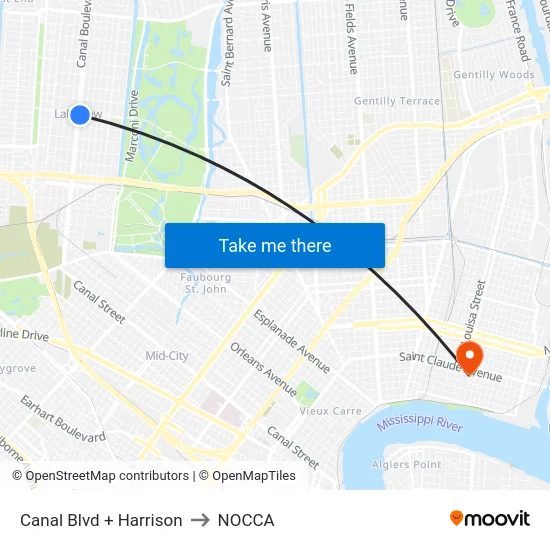 Canal Blvd + Harrison to NOCCA map