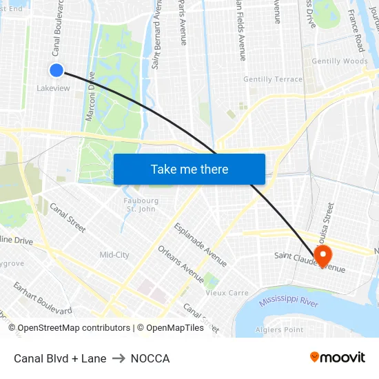 Canal Blvd + Lane to NOCCA map