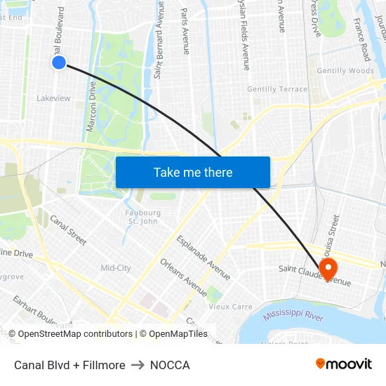Canal Blvd + Fillmore to NOCCA map