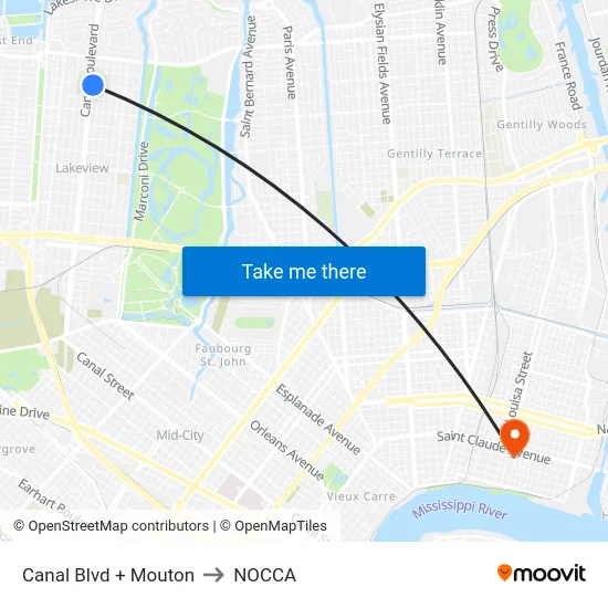 Canal Blvd + Mouton to NOCCA map