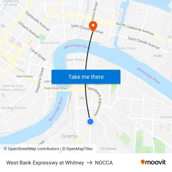West Bank Expresswy at Whitney to NOCCA map