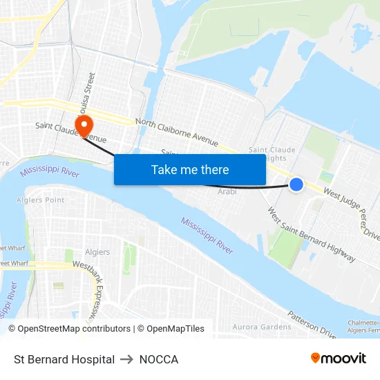St Bernard Hospital to NOCCA map