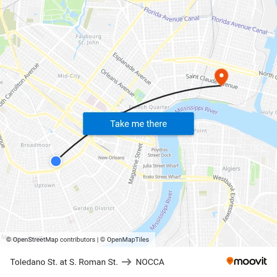 Toledano St. at S. Roman St. to NOCCA map