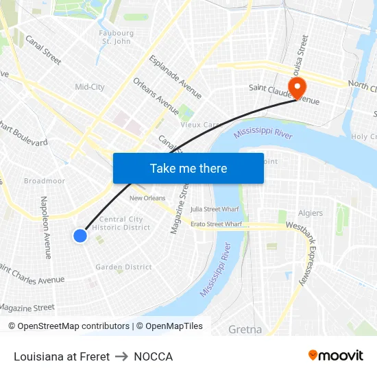 Louisiana at Freret to NOCCA map