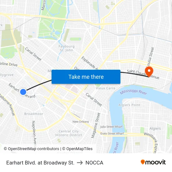 Earhart Blvd. at Broadway St. to NOCCA map