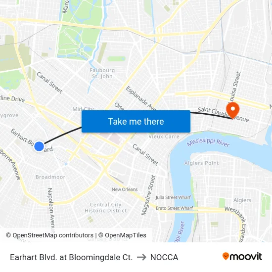 Earhart Blvd. at Bloomingdale Ct. to NOCCA map
