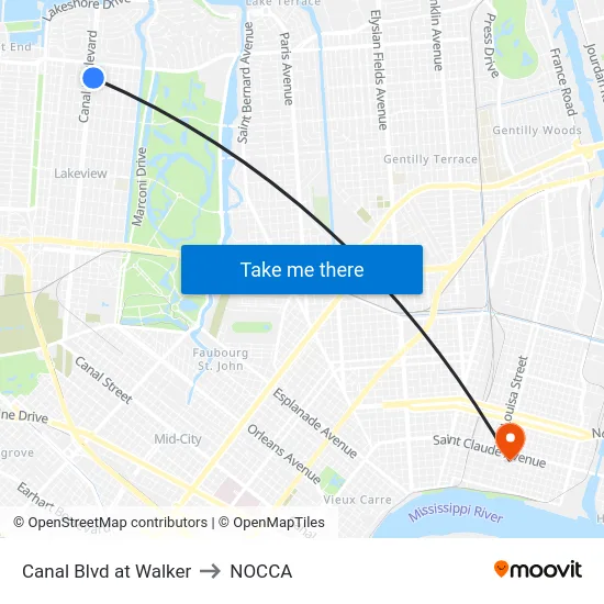 Canal Blvd at Walker to NOCCA map