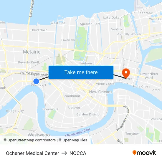 Ochsner Medical Center to NOCCA map