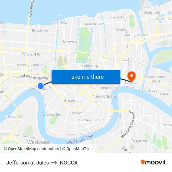 Jefferson at Jules to NOCCA map