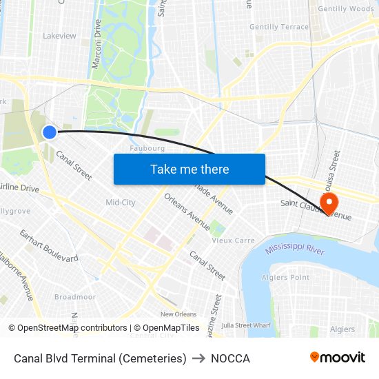 Canal Blvd Terminal (Cemeteries) to NOCCA map