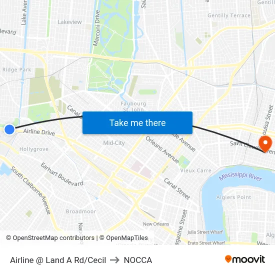 Airline @ Land A Rd/Cecil to NOCCA map