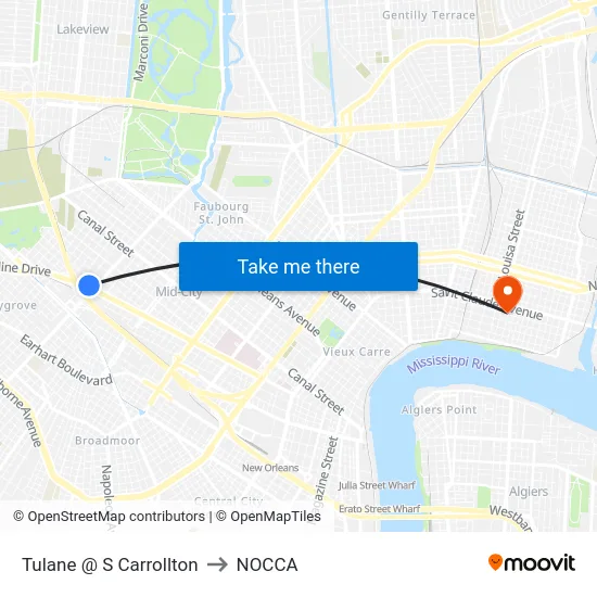 Tulane @ S Carrollton to NOCCA map