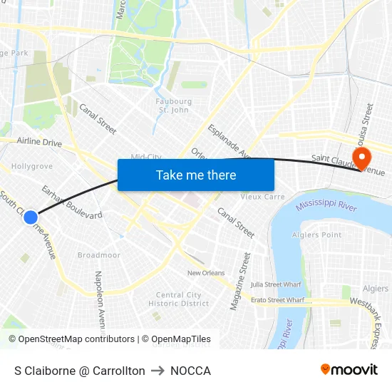S Claiborne @ Carrollton to NOCCA map