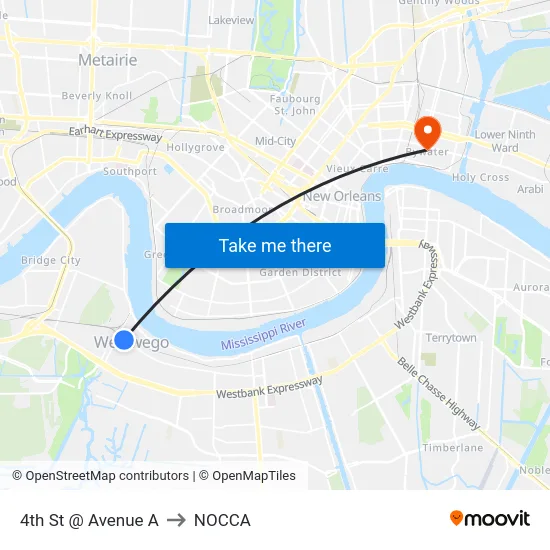 4th St @ Avenue A to NOCCA map