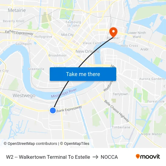 W2 -- Walkertown Terminal To Estelle to NOCCA map