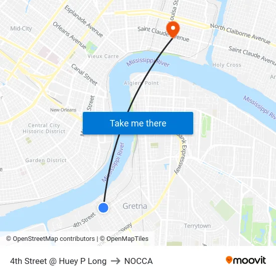 4th Street @ Huey P Long to NOCCA map