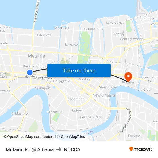 Metairie Rd @ Athania to NOCCA map