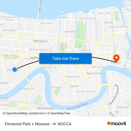 Elmwood Park + Mounes to NOCCA map