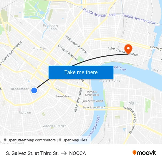 S. Galvez St. at Third St. to NOCCA map