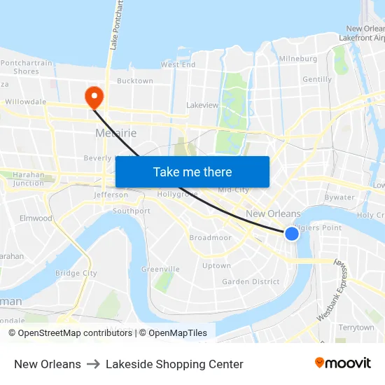 New Orleans to Lakeside Shopping Center map