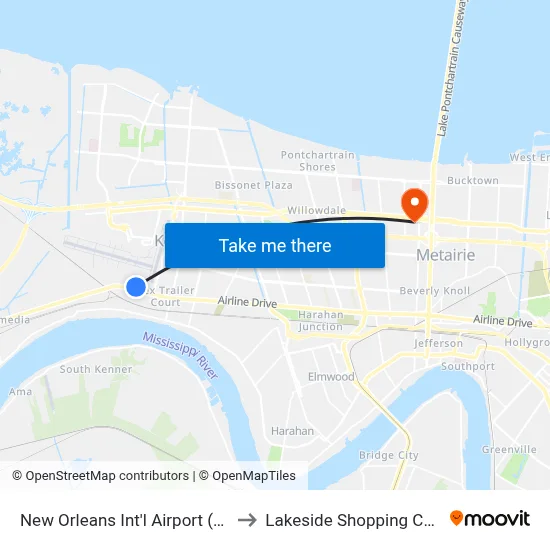 New Orleans Int'l Airport (MSY) to Lakeside Shopping Center map