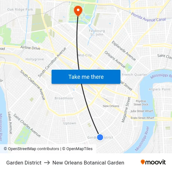 Garden District to New Orleans Botanical Garden map