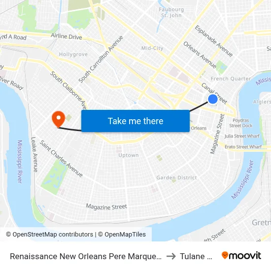Renaissance New Orleans Pere Marquette French Quarter Area Hotel to Tulane University map