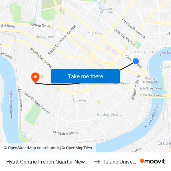 Hyatt Centric French Quarter New Orleans to Tulane University map