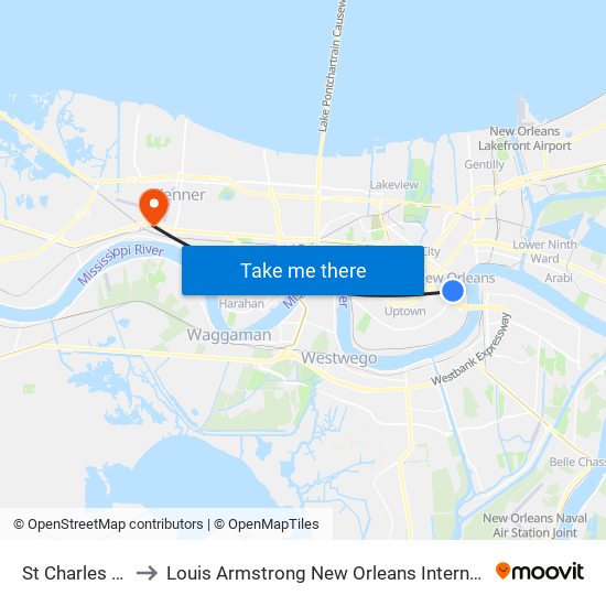 St Charles at Girod to Louis Armstrong New Orleans International Airport - MSY map