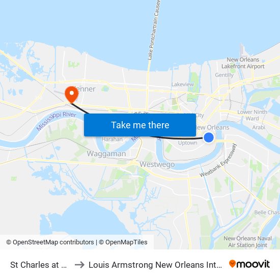 St Charles at Howard Ave to Louis Armstrong New Orleans International Airport - MSY map