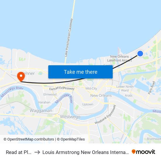 Read at Plainfield to Louis Armstrong New Orleans International Airport - MSY map