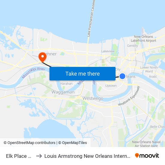 Elk Place + Tulane to Louis Armstrong New Orleans International Airport - MSY map