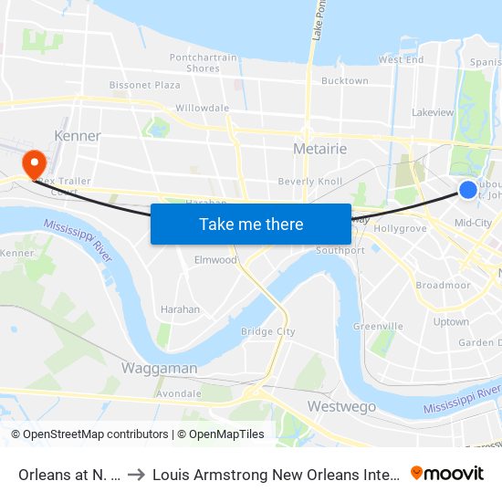 Orleans at N. Carrollton to Louis Armstrong New Orleans International Airport - MSY map