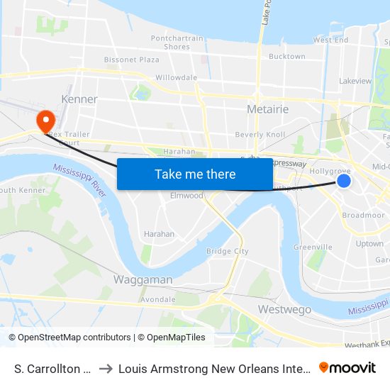 S. Carrollton at Forshey to Louis Armstrong New Orleans International Airport - MSY map