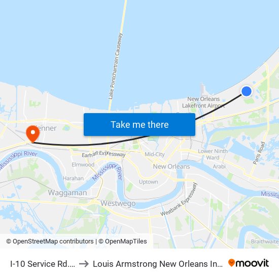 I-10 Service Rd. + Wright Rd. to Louis Armstrong New Orleans International Airport - MSY map