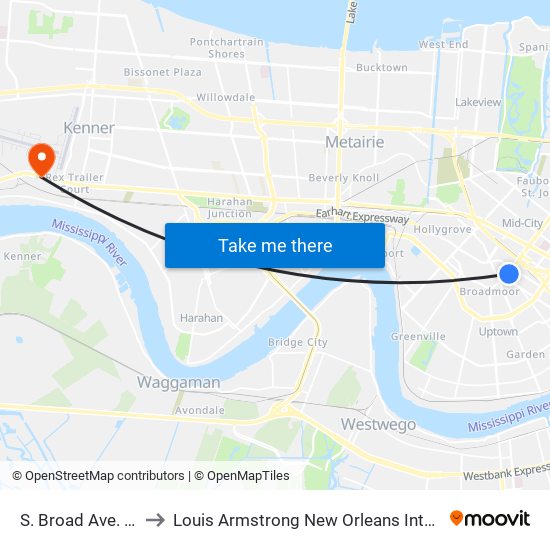 S. Broad Ave. at Erato St. to Louis Armstrong New Orleans International Airport - MSY map