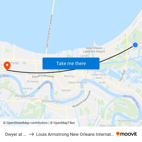 Dwyer at Palace to Louis Armstrong New Orleans International Airport - MSY map